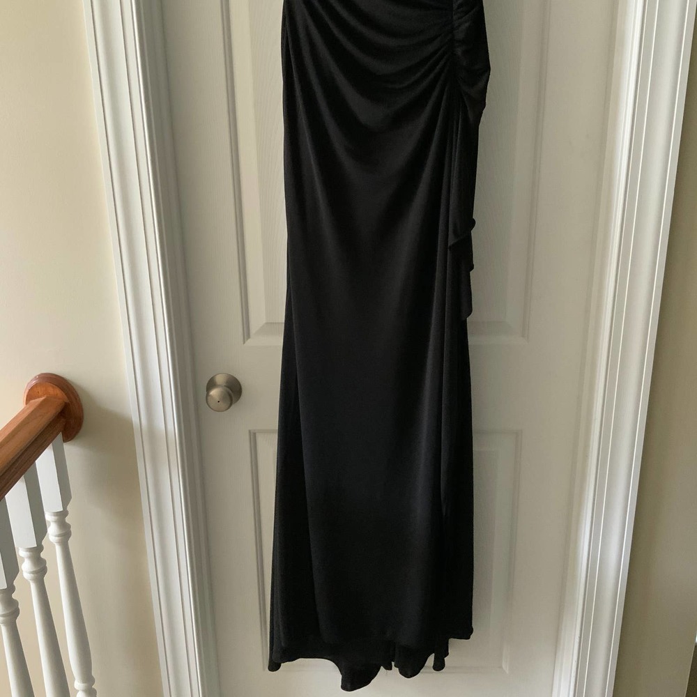 La Femme Off the Shoulder Jersey Ruched Long Dress Black - Picture 5 of 9